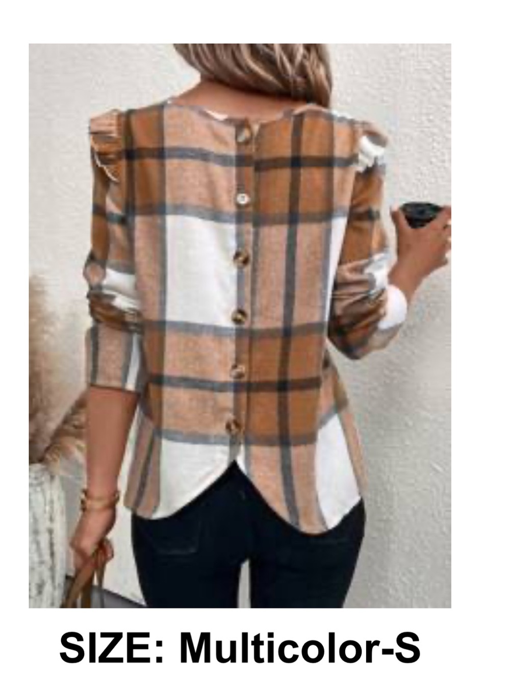 SHEIN Brown & Cream Plaid Ruffle Shoulder Long-Sleeve Top
